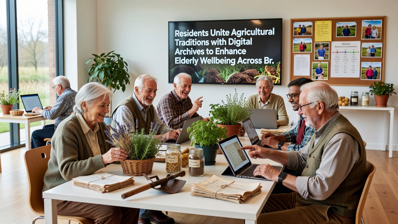 Elderly Brightvale resident reviewing digital archive entries on a tablet while surrounded by community volunteers in a restored barn setting